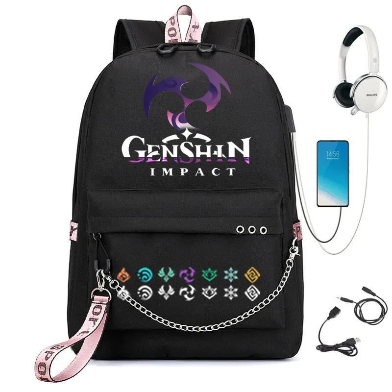 Genshin impacto mochila anime dos desenhos animados oxford corrente à prova dwaterproof água portátil mochila estudantes meninos meninas mochila de viagem