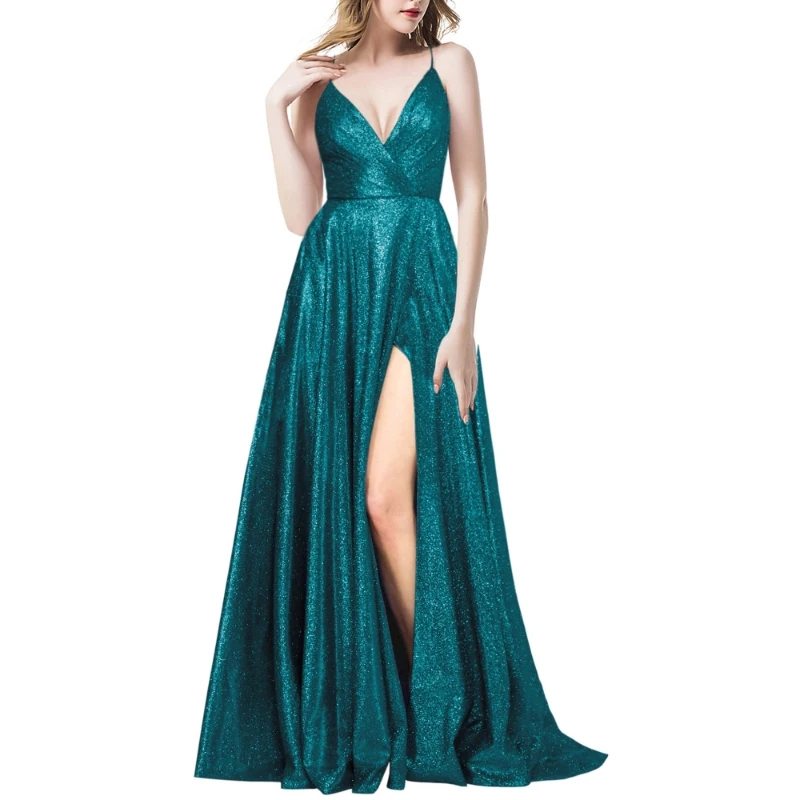 

HOT Glitter Fabric Evening Dress Beadings Oversize V-neck Slit Back Strap Elegant luckgirls Dress Mocini Tailor