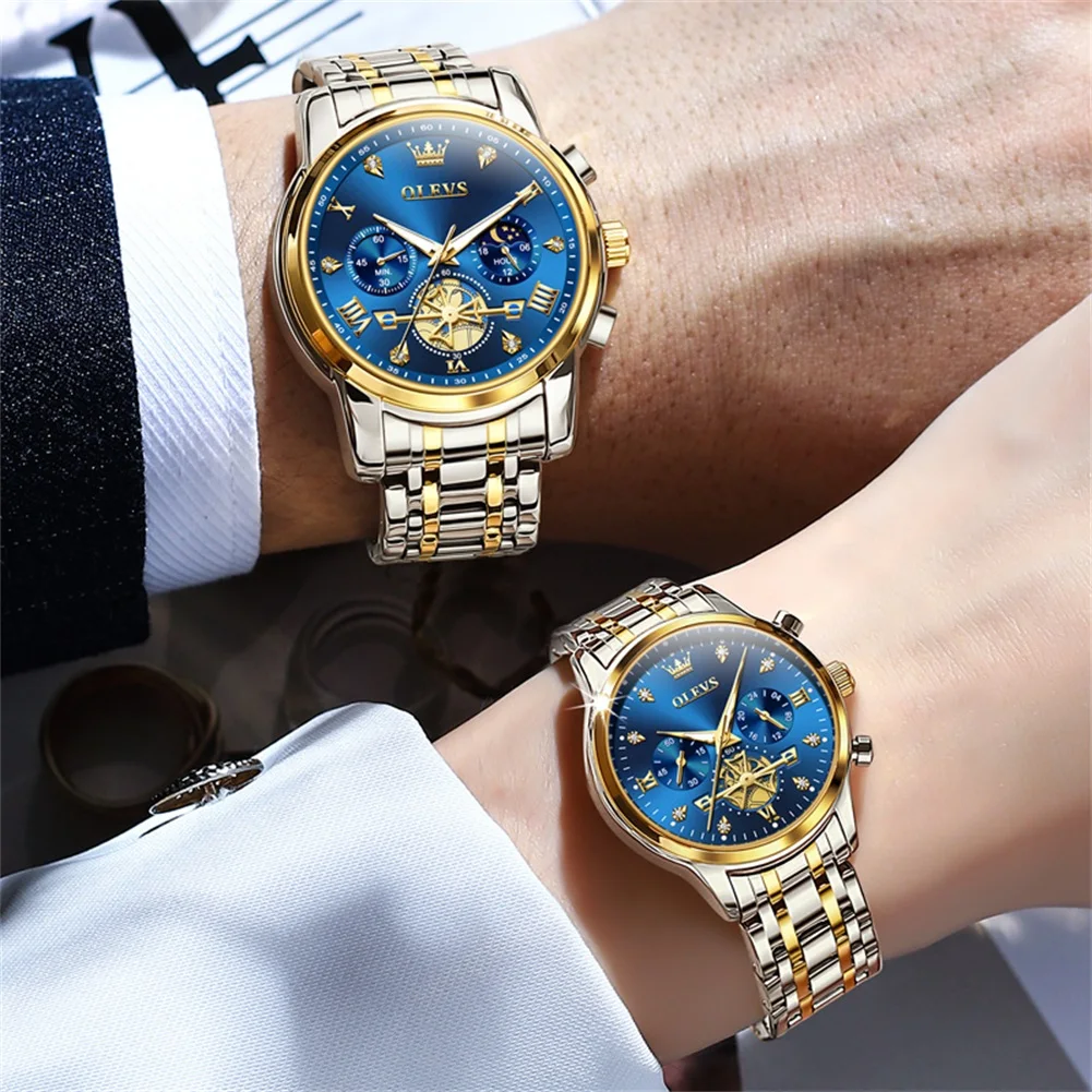 OLEVS Couple Watches Top Brand Trend Fashion Original Quartz Watch for Lover Flywheel Chronograph Waterproof Luminous 2Pcs reloj
