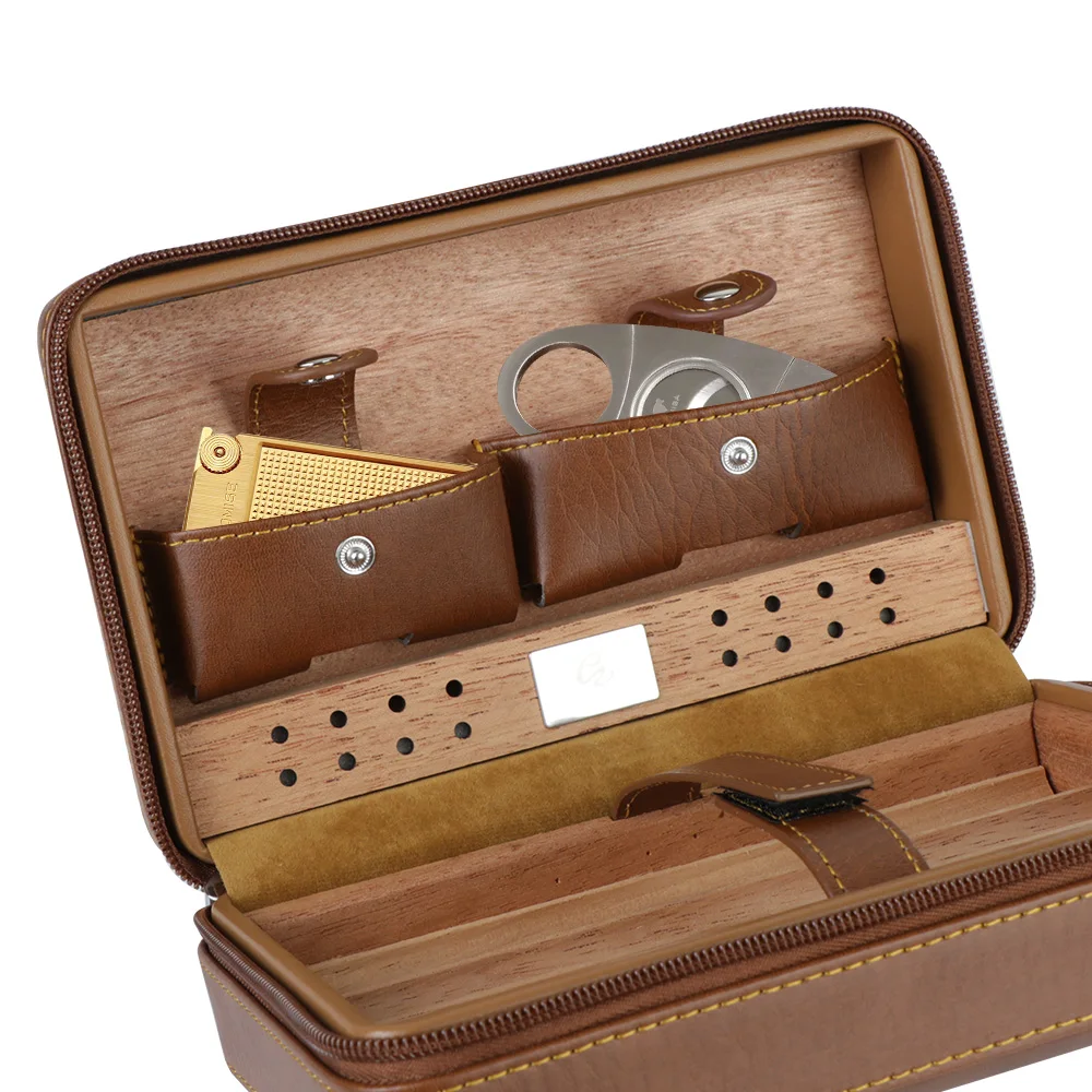 4 Cigars Box Humidor Gift For Boy Friend Father Humidifier Cedar Wood Cigar Humidor Box PU Leather Cigar Case Storage Portable image 2