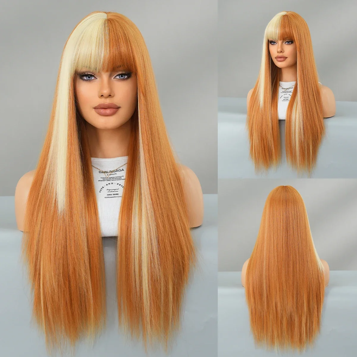 PARK YUN Cosplay Wig Synthetic Long Straight Blonde Ombre Orange Wig For Women Daily Party High Density Layered Wigs With Bangs