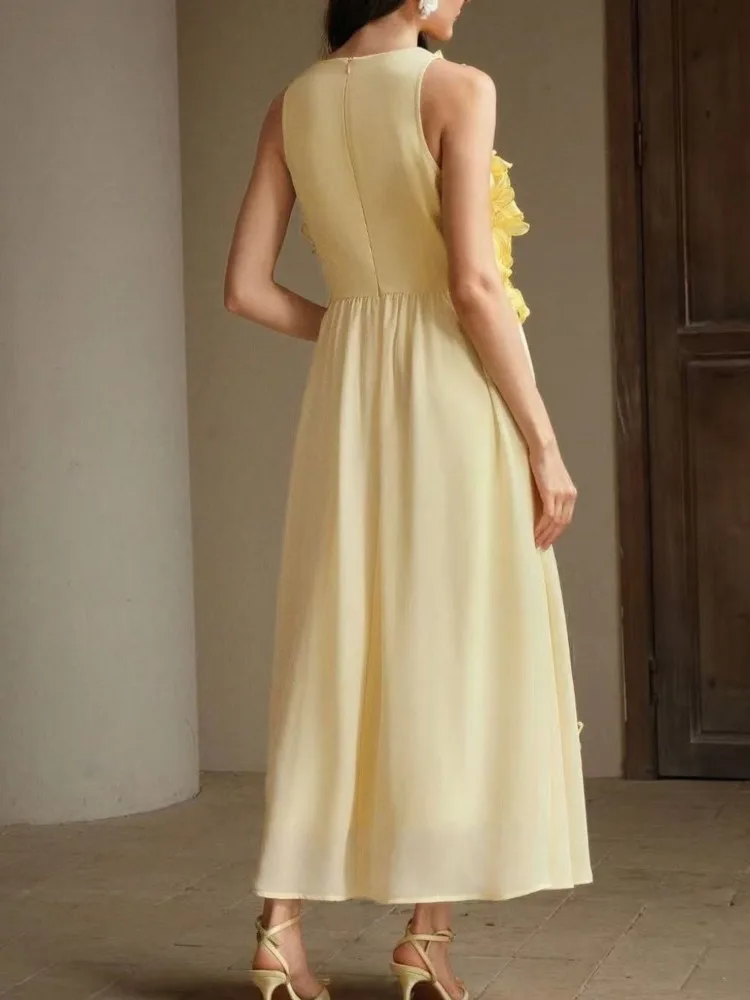 Qmqa moda feminina elegante estilo férias colete vestido em torno do pescoço cintura alta magro tridimensional floral vestidos elegantes qm761