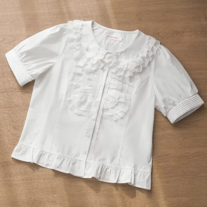 Blusas de encaje Kawaii con cuello Peter Pan para Mujer, camisas estilo victoriano Vintage de estilo Lolita, Blusas japonesas elegantes con mangas abullonadas para Mujer