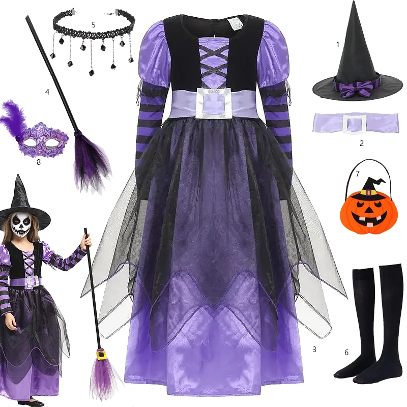 Costume da strega viola per bambini per Halloween Abito da mago da fata per ragazze Abiti da festa di carnevale Abito da vampiro