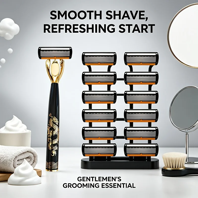 Vintage Golden Dragon Pattern Mens Shaving Razor Set 1 Handle 6 Pcs 5 Layer Blades Portable Travel Storage Bag Gift
