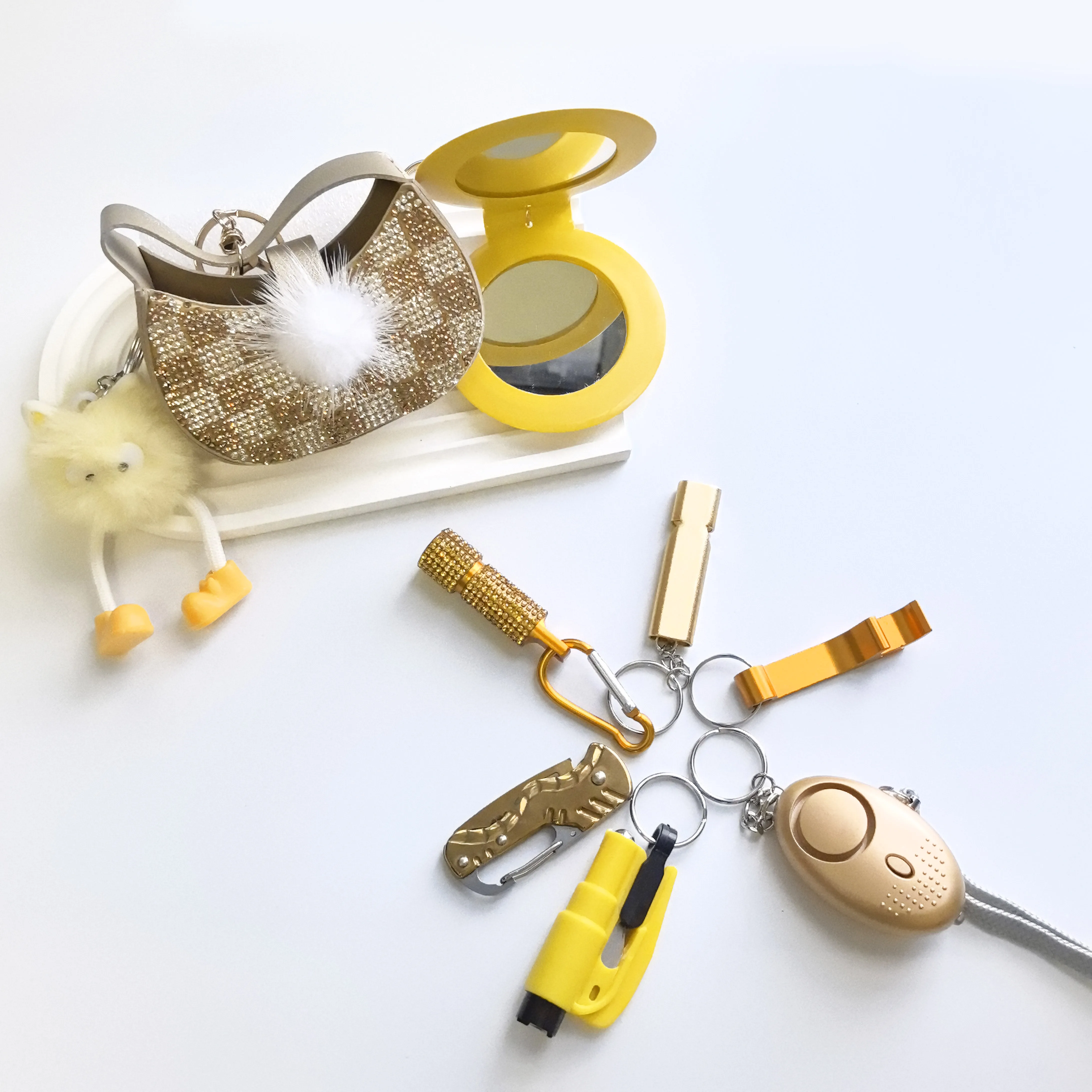

9pcs/set Wholesale Price New Trend Fashion Multi Function Women Self-Defense Safety Alarm Keychasin Set for Women Gilr Gift