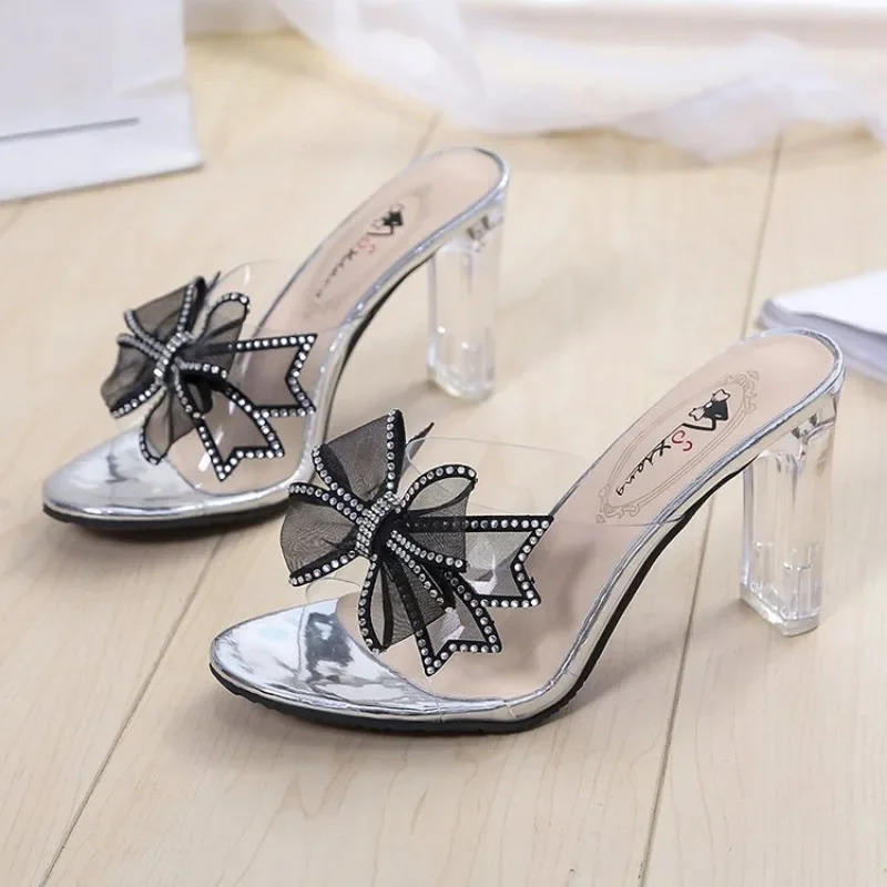 Slippers Women\'s Super High Heel  Rhinestone Bow Transparent Thick Heel Sandals 2024 New Women Shoes Women Mujer Purple