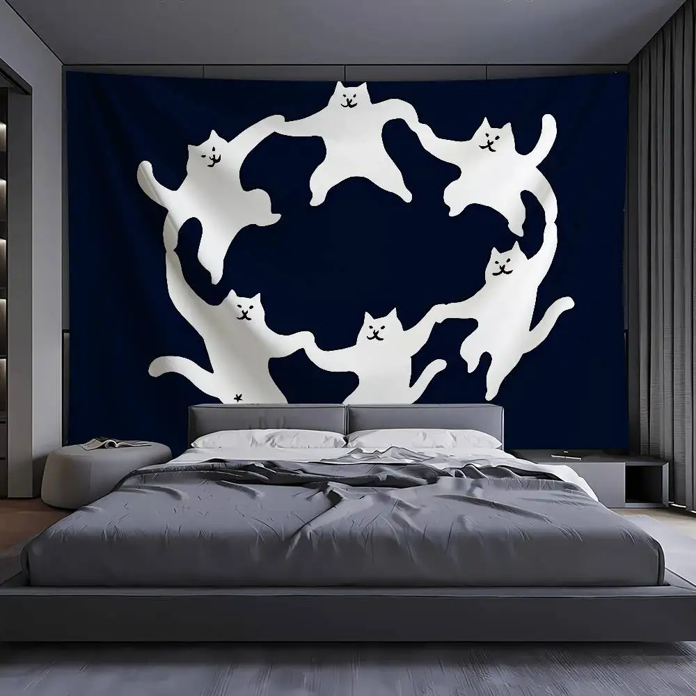 Funny Dancing White Cats Circle Tapestry Dark Navy Background Wall Hanging Minimalist Cartoon Cat Art Bedroom Wall Home Decor