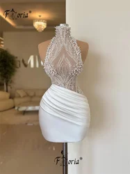 Witte Hoge Hals Kanten Parels Korte Cocktailjurk Mouwloze Satijnen Mini Speciale Gelegenheid Feestjurk Vestidos De Gala Homecoming