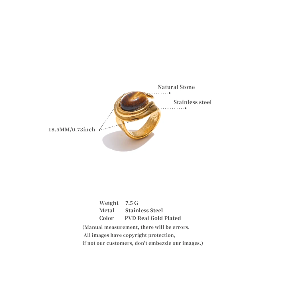 Yhpup Popular Stainless Steel Natural Tiger Stone Finger Ring Gold Silver Color Waterproof Geometric Charm Jewelry