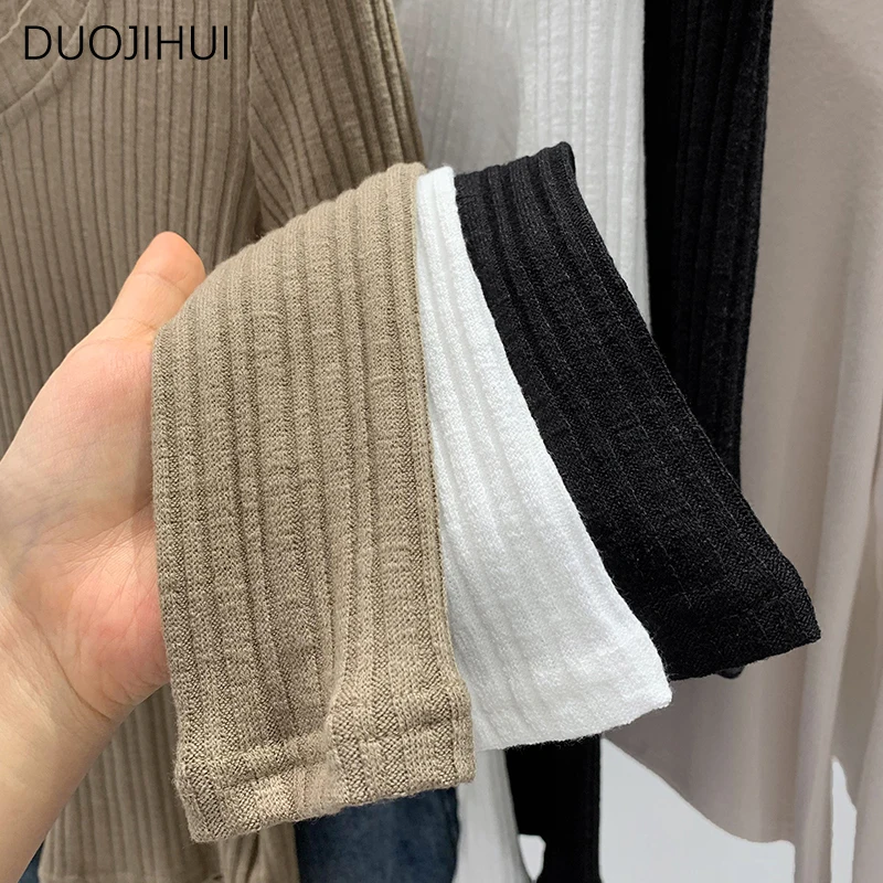 DUOJIHUI Khaki Basic Striped Slim Knitted Women Pullovers Autumn Simple O-neck Long Sleeve Solid Color Fashion Female Pullovers