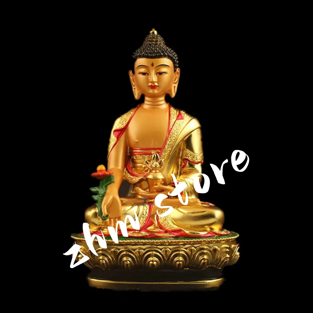 

21cm Gold Plating Colored Tibetan Tranic Three Treasured Pharmacist/Medicine Buddha Statue Figurine Putting Decoration
