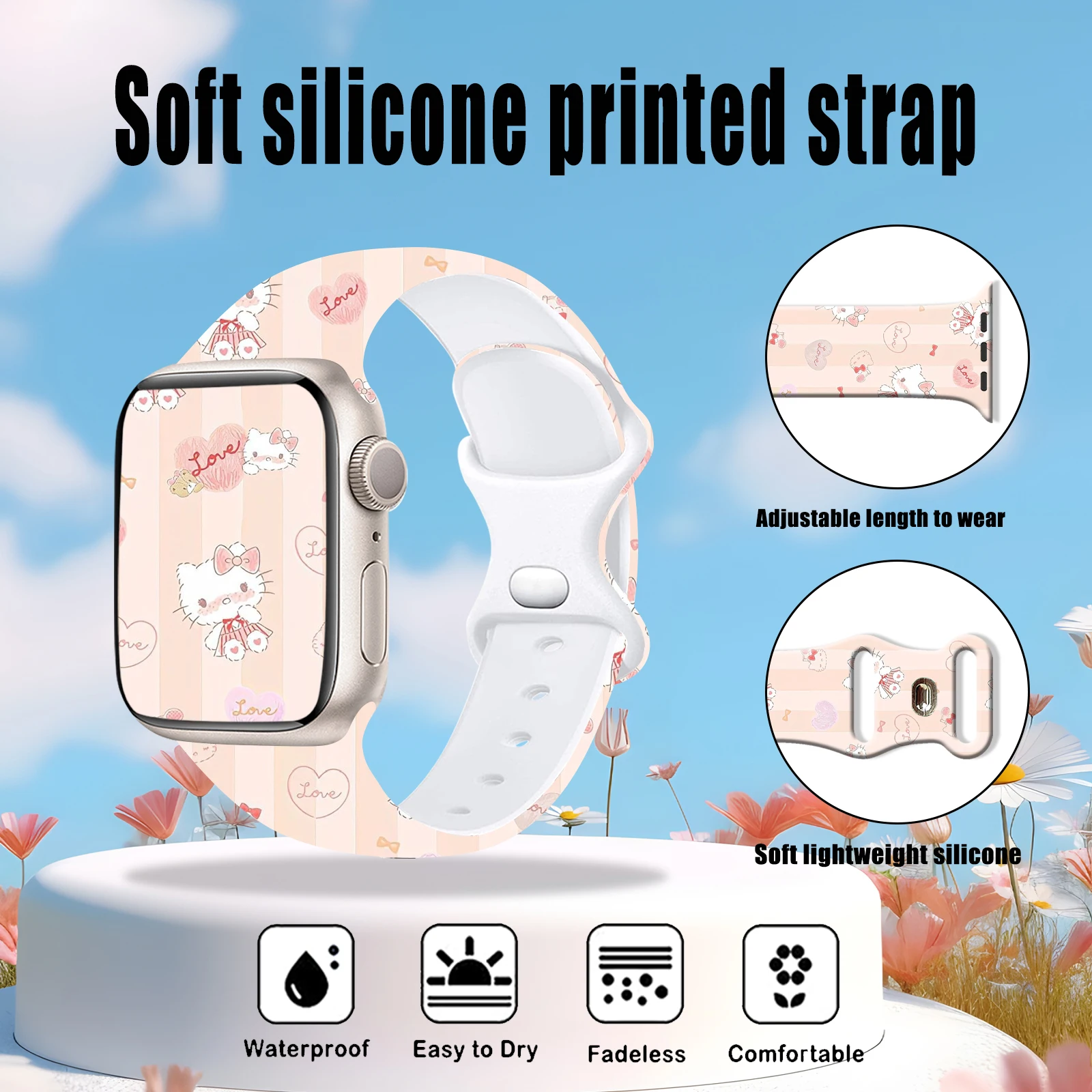 Sanrio Pink Hello Kitty Printed Strap for Apple Watch 10 9 8 7 Silicone Band Replaceable Bracelet for iWatch 46mm 44mm 42mm 40mm