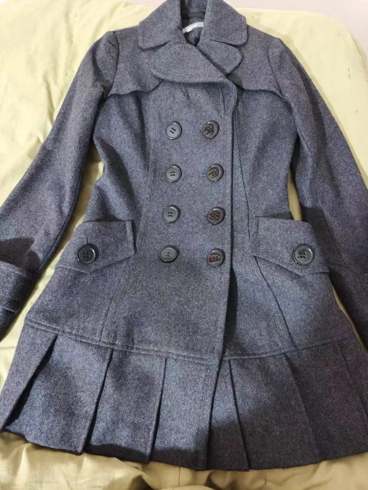 Winter Französisch Retro Elegante Wollmantel frauen Zweireiher Rüschen Hepburn Langarm Mantel Neue Grau Vintage Oberbekleidung