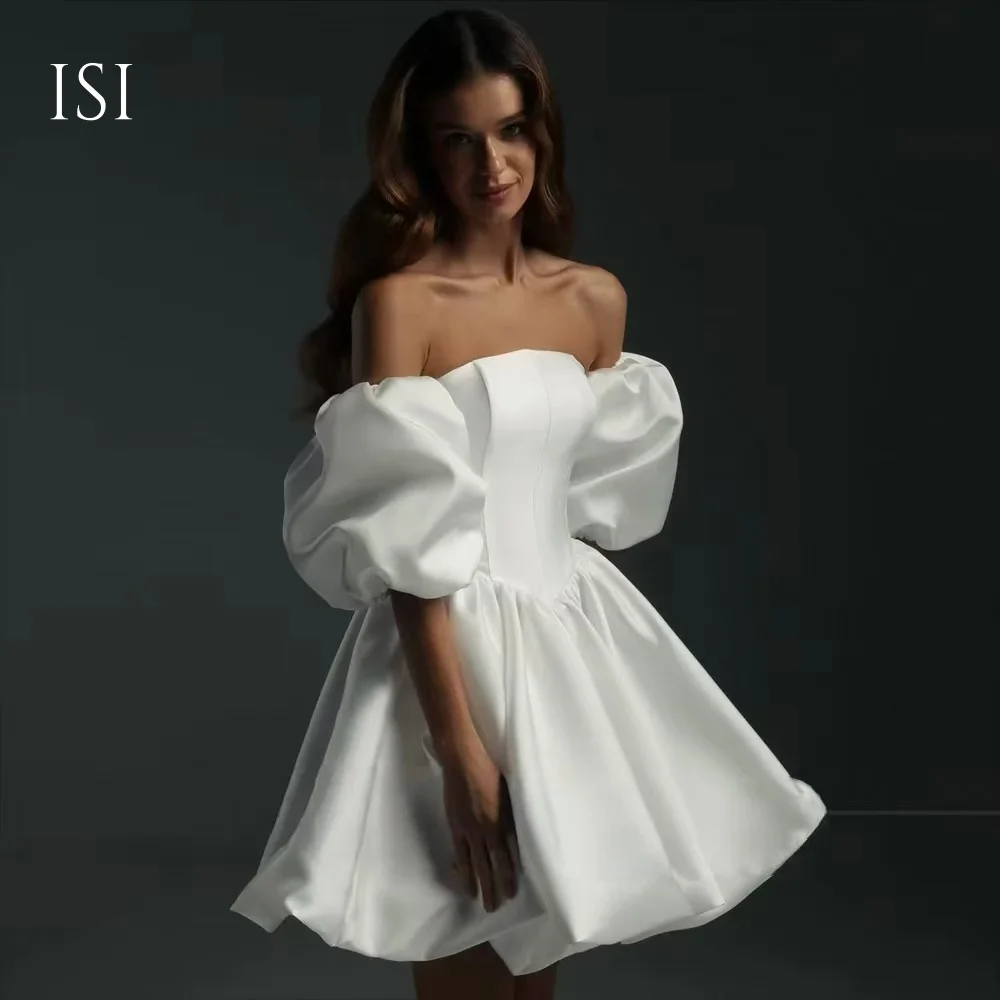 ISI Modest Satin Ruffle A Line Mini Wedding Dress Strapless With Removeable Sleeves Bridal Party Gown vestidos de novia Customiz