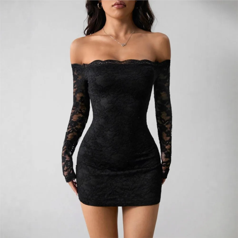 Dresses 2025 Woman Lace One-length Neck Long-sleeved Slim Dress Temperament Elegant Intellect Casual Vestidos Off Shoulder Sexy