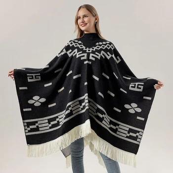 Cool Fashion Cowboy West Style Pullover Cape Unisex All Seasons Soft Acrylic Cashmere Poncho Long Wraps Overcoat Cloak Travel