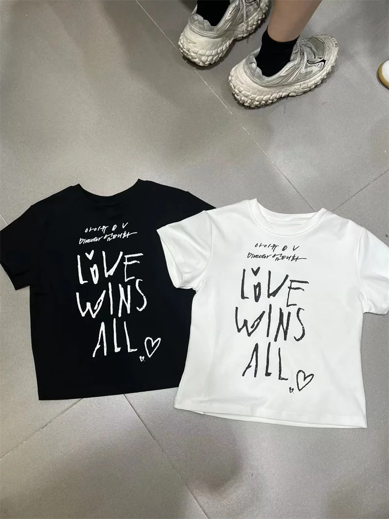 

Summer Loose Design Women's T-shirt Short Sleeve Love Letter Print Cute Style Cotton Blend Comfortable Fit round Neck Top