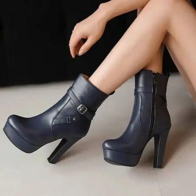 Botas De Mujer White Ankle Boots Women Fashion Zipper Leather High Heels Autumn Winter Goth Shoes Super Big Size 48 49 50