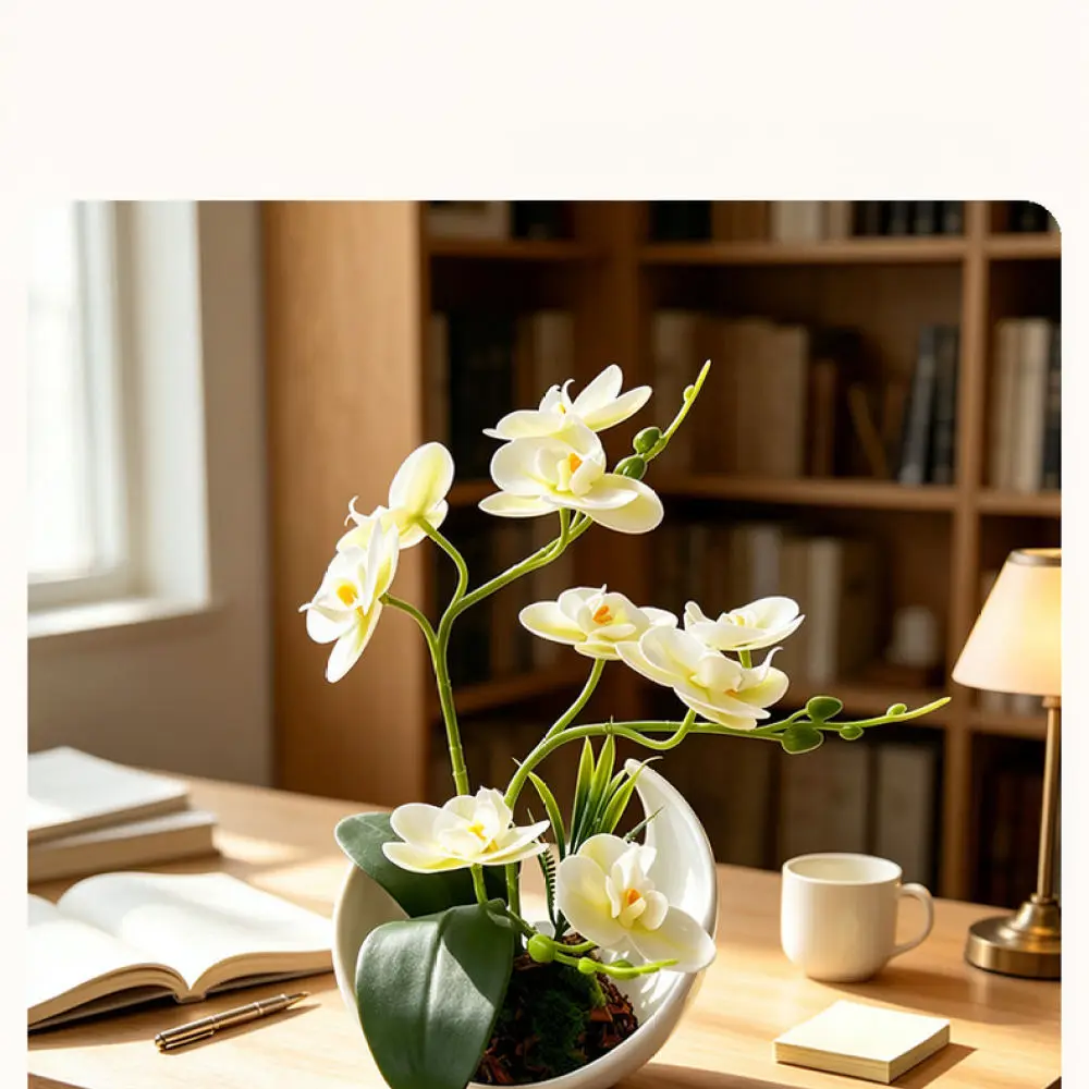 Decorative Artificial Moth Orchid Plant Modern Style Crescent Moon Potted Flower For Home Study Desk Ornament