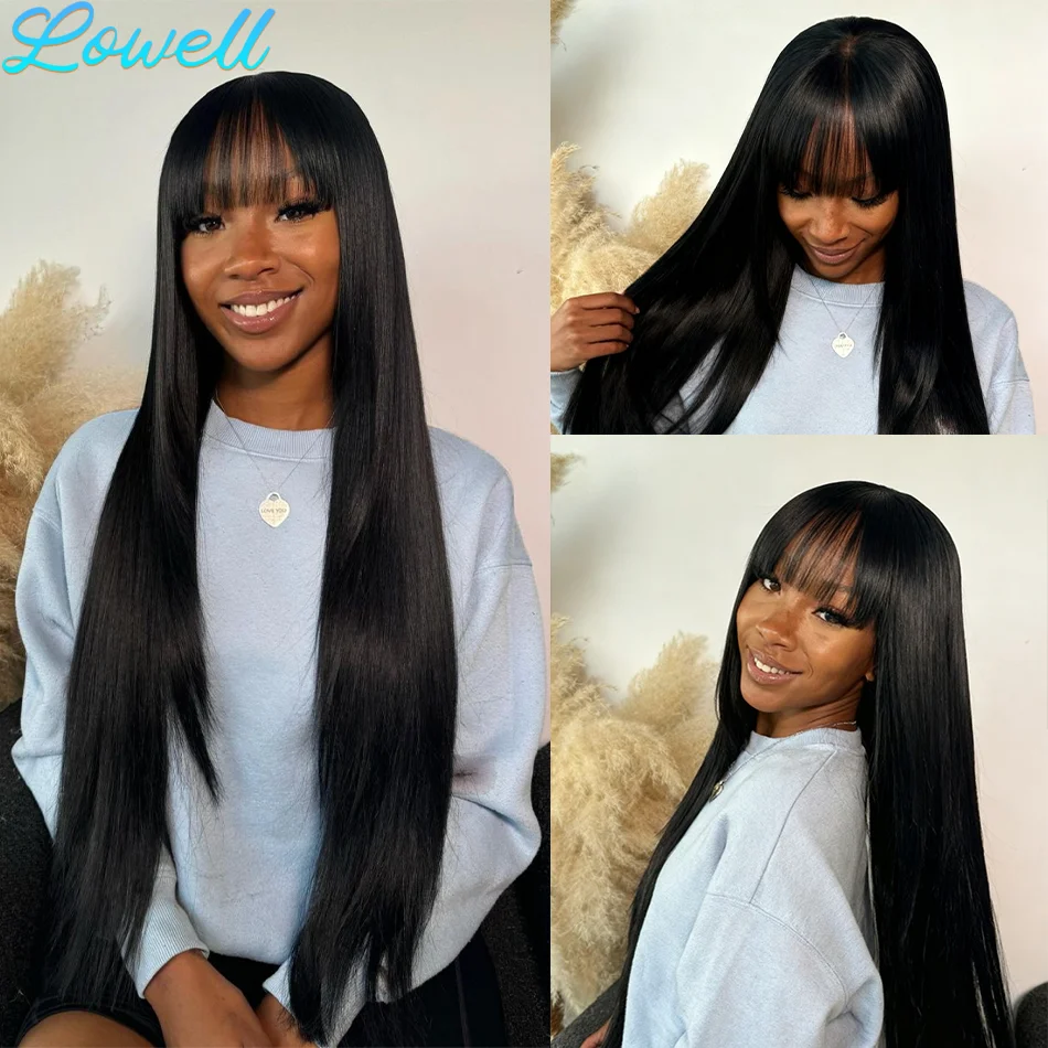 3x1 الجزء الأوسط الدانتيل شعر مستعار أسود طويل شعر طبيعي مفرود الباروكات مع الانفجارات البرازيلي آلة كاملة صنع 100% شعر بشري لعذراء الباروكات #1