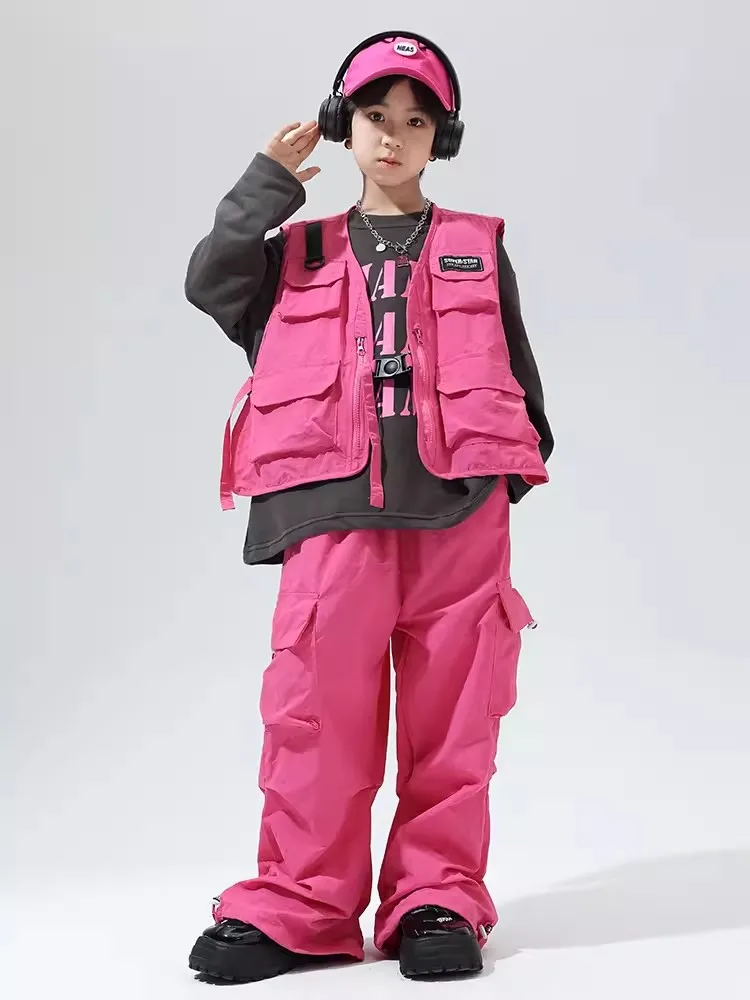 Pink Hip Hop Dance Costume Pockets Vest Pants Boys Street Dance Performance Suit Girls Modern Jazz Dance Clothes Rave BL11987