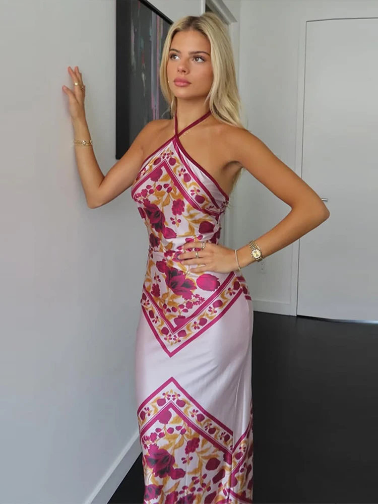Robe longue en satin imprimé tendance pour femme, élégante, sans manches, dos nu, style licou, nouvelle collection été 2026, pour soirée et tenue de ville