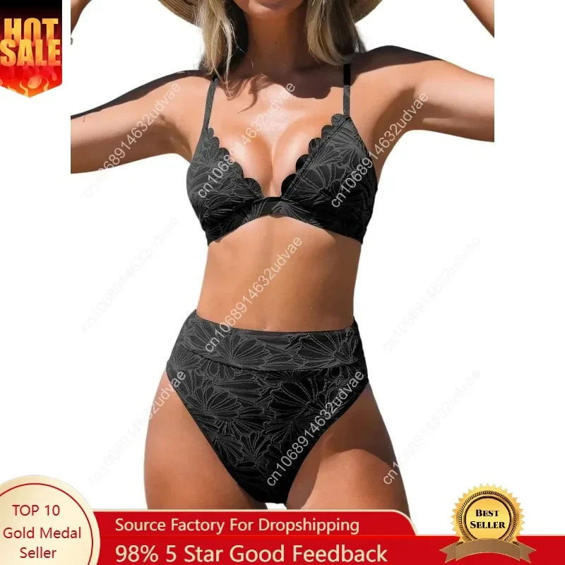 Bikini Set for Women Bathing Suit High Waisted Scalloped V Neck Two Pieces Swimsuit