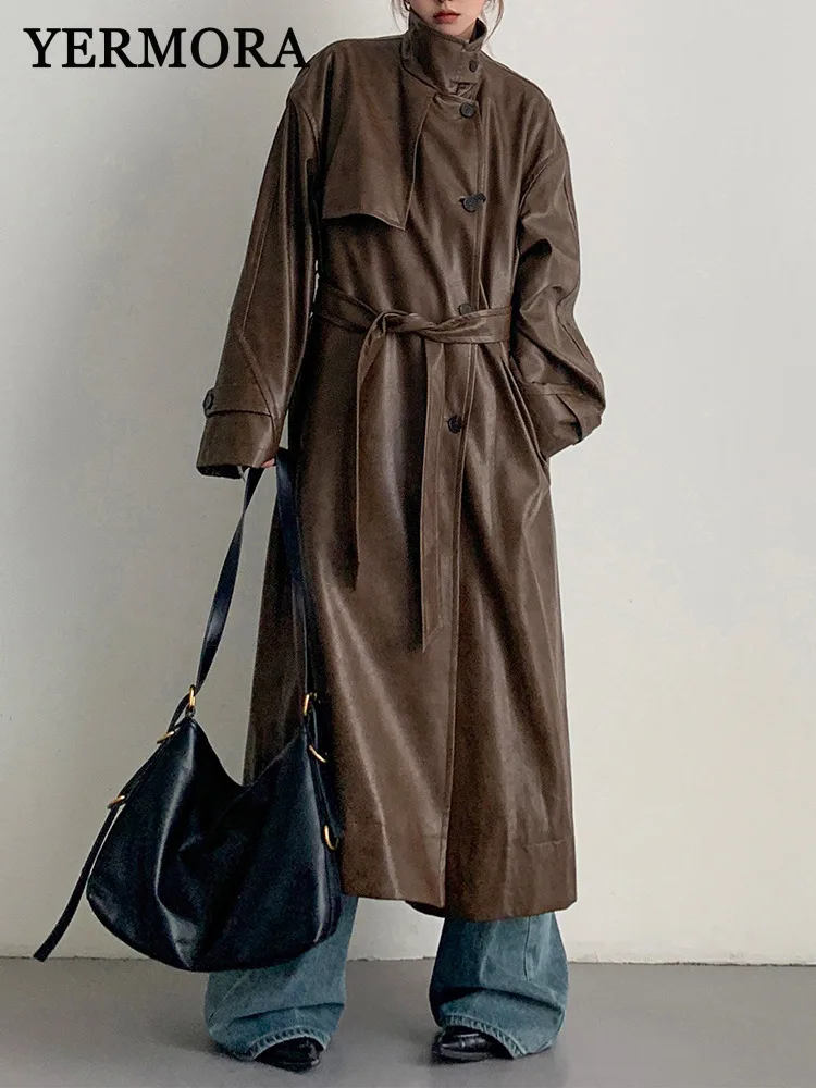 

YERMORA Brown PU Leather Belt Casual Trench For Women Lapel Long Sleeve Loose New Windbreaker Fashion Tide Spring Autumn 2025