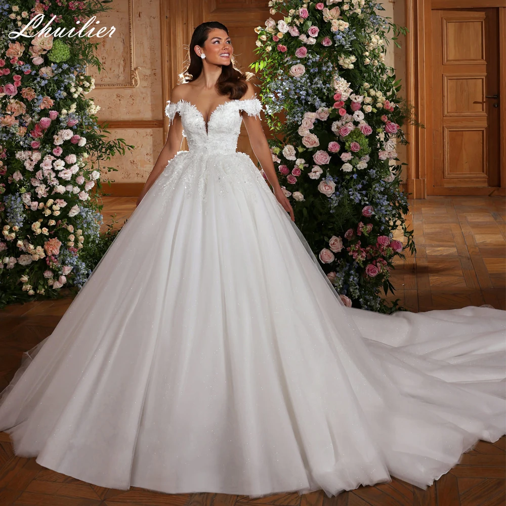 

Lhuilier Ball Gown Off the Shoulder Wedding Dresses Glitter Tulle Beaded Bridal Gowns with Chapel Train