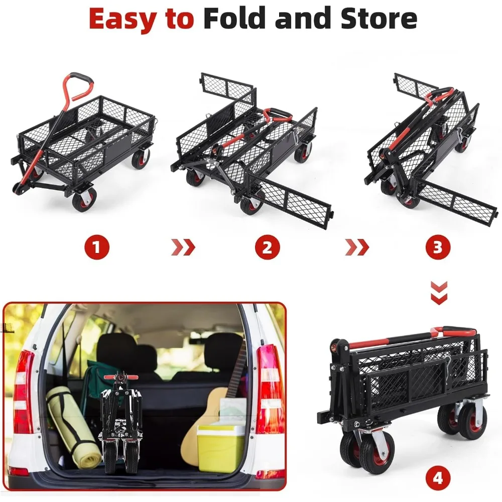 Carrinho de jardim dobrável resistente de 360 libras - vagão utilitário de aço com alça giratória e lados removíveis para trabalho em quintal
