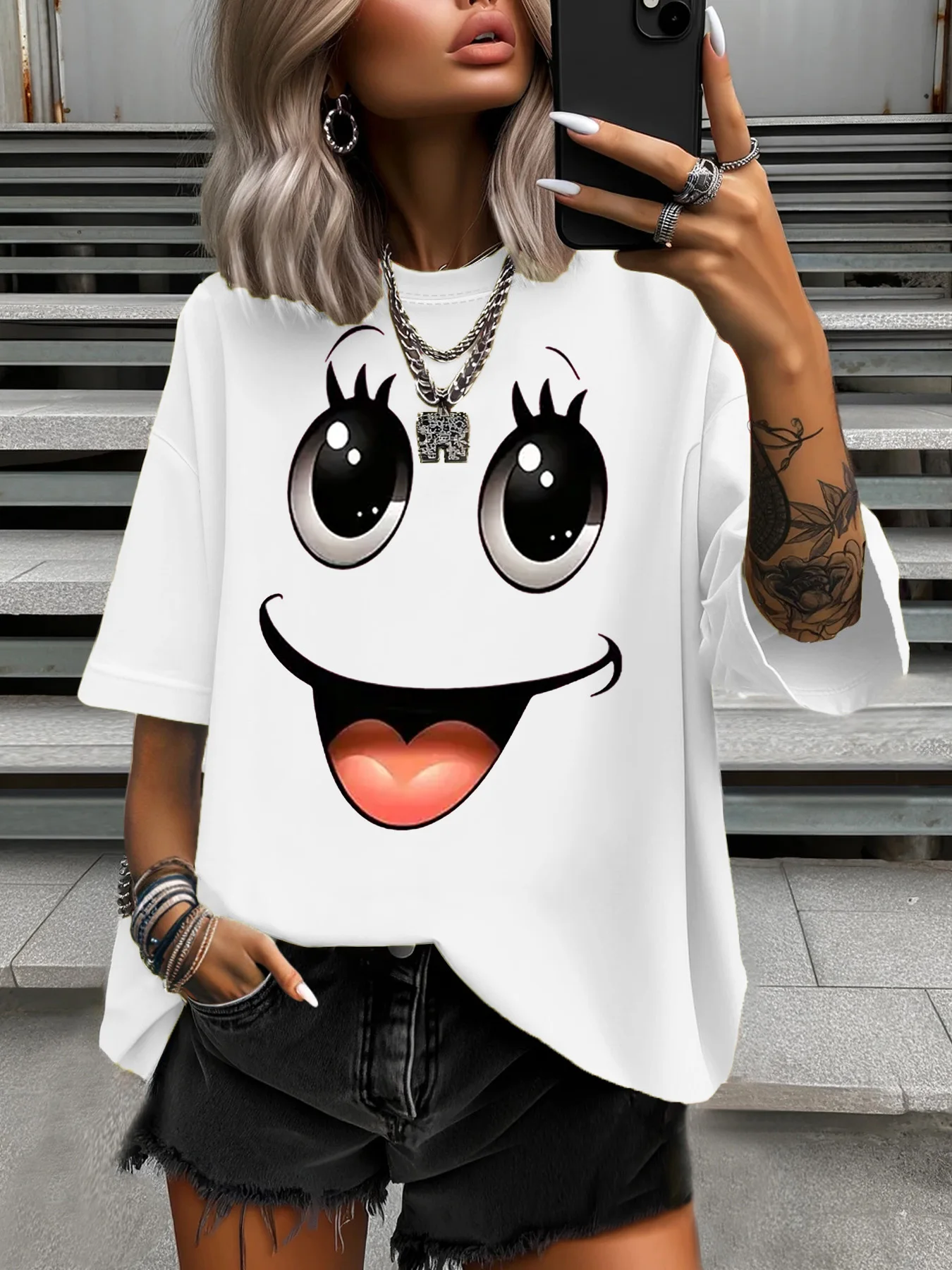 

Летняя женская футболка больших размеров, оригинальный дизайн, модные женские повседневные топы с забавным принтом улыбки и круглым вырезом с короткими рукавами
