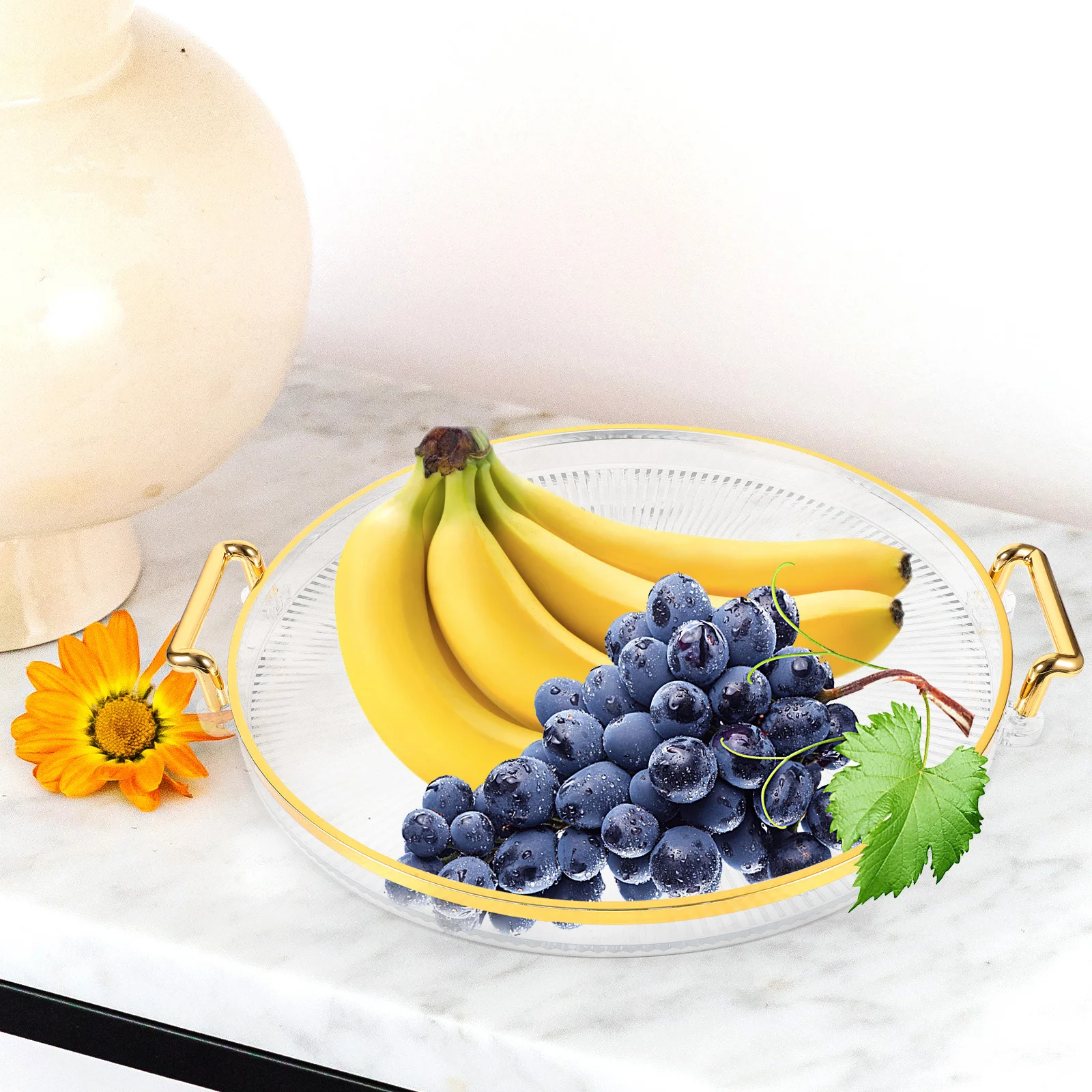 

Gold Edge Round Tray Plastic Decorative Strip Rim Serving Tray with Large Capacity for Desktop Candy Fruit Snack Storage