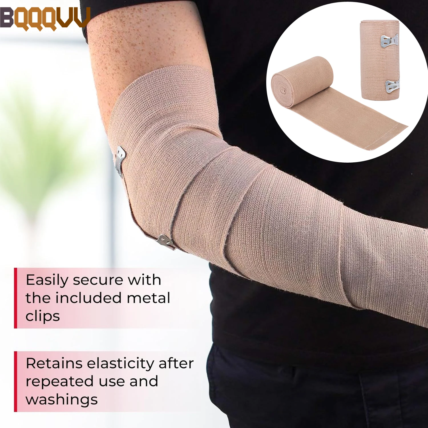 

Elastic Compression Bandage Wrap with Clips Hook,Athletic Sport Support Tape for Wrist,Arm,Leg Sprains, First Aid Measure, 1Roll