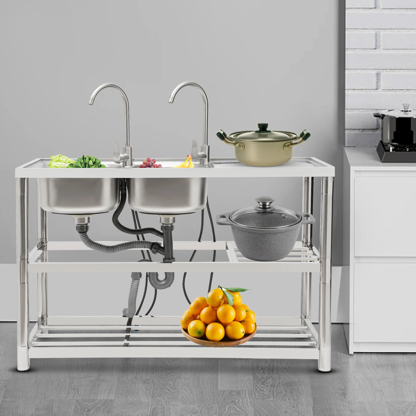 Kitchen sinks-120CM Stainless Steel Sink with Double Bowls, 3-Tier Rack & 2 Hot/Cold Faucets – Left or Right Configuration