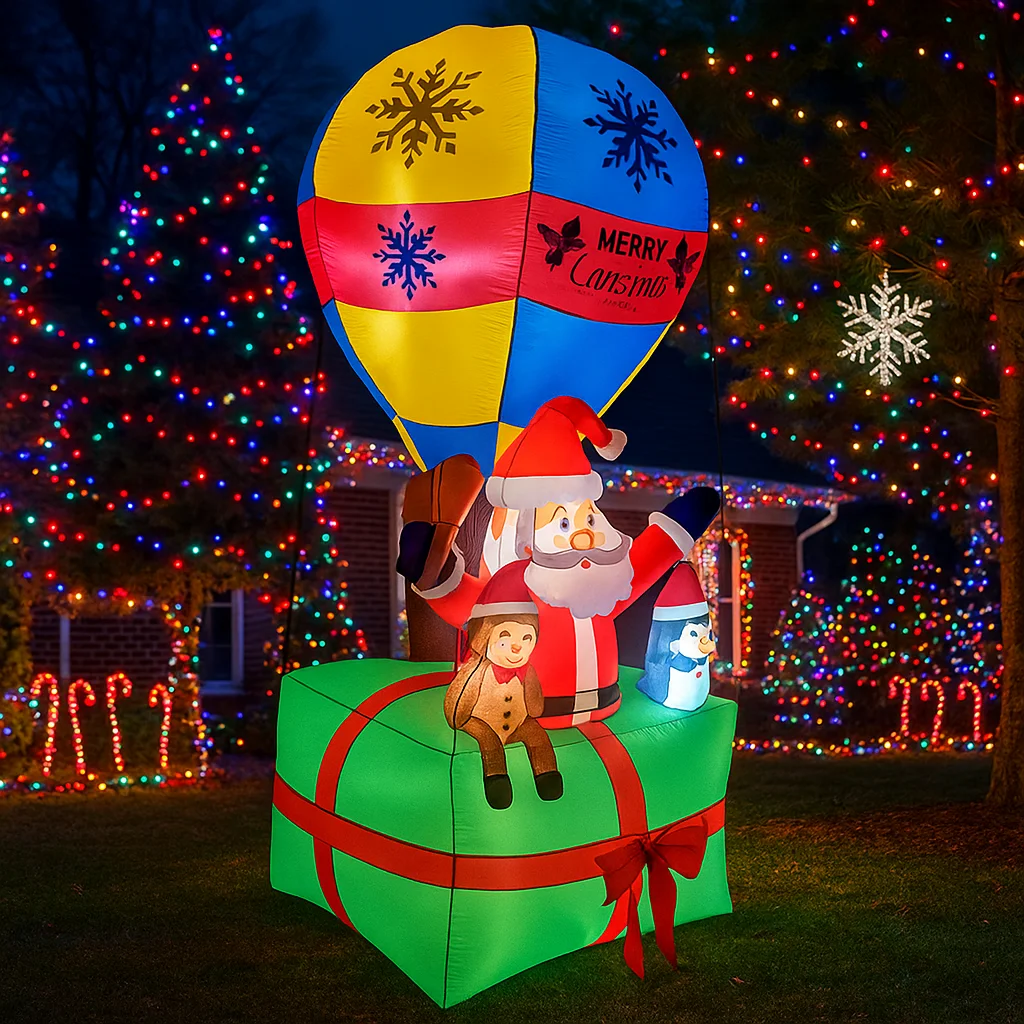 8.8FT Inflatable Santa Claus Hot Air Balloon Gift Box Lights LED Home Decorations Toys Yard Xmas Outdoor Inflatable Decorations
