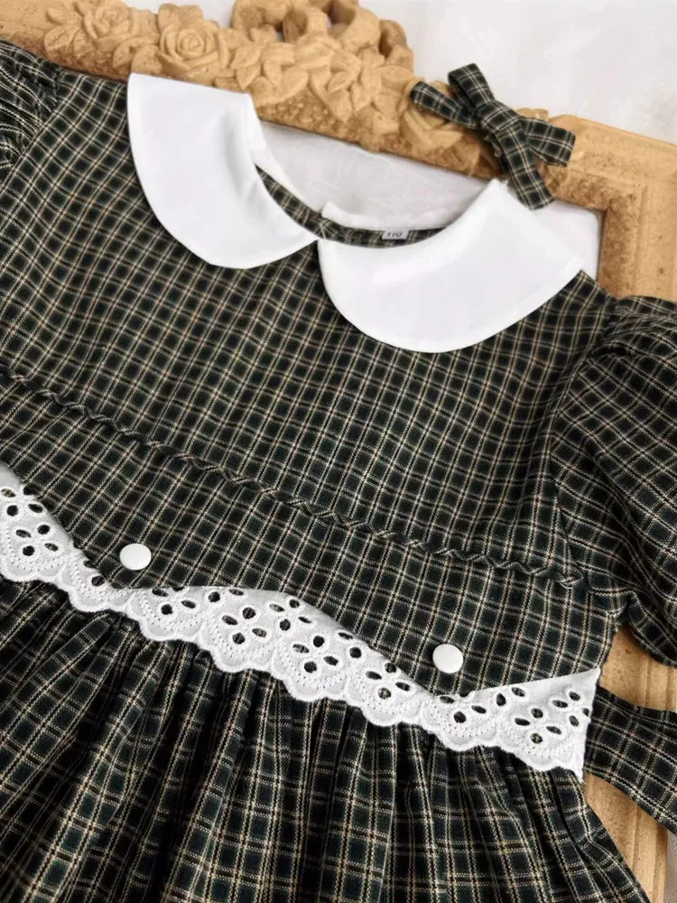 2024 Vintage Preppy Style Girl Dress Plaid Puff Sleeve Party Dresses for Baby Girls Cute Clothing with Lace Up Hand-Made Frocks