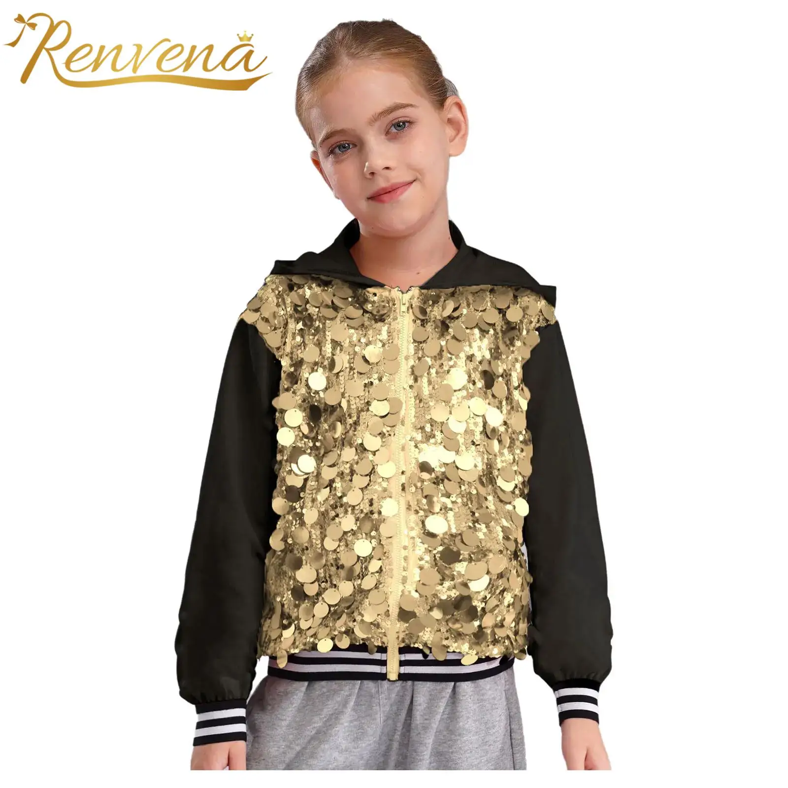 Kids Girls Fashion Hooded Jackets Sequins Zipper Hoodie Tops Disco Jacket Rave Jazz Dance Hip Hop Music Festival Party Costume