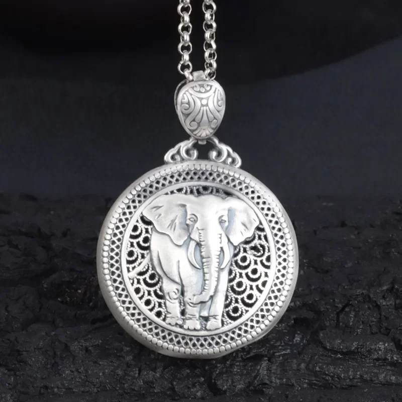 925 Silver Creative design Circular Ethnic Style Elephant Necklace hollow out Men's Pendant Charm Keel chain Banquet Jewelry
