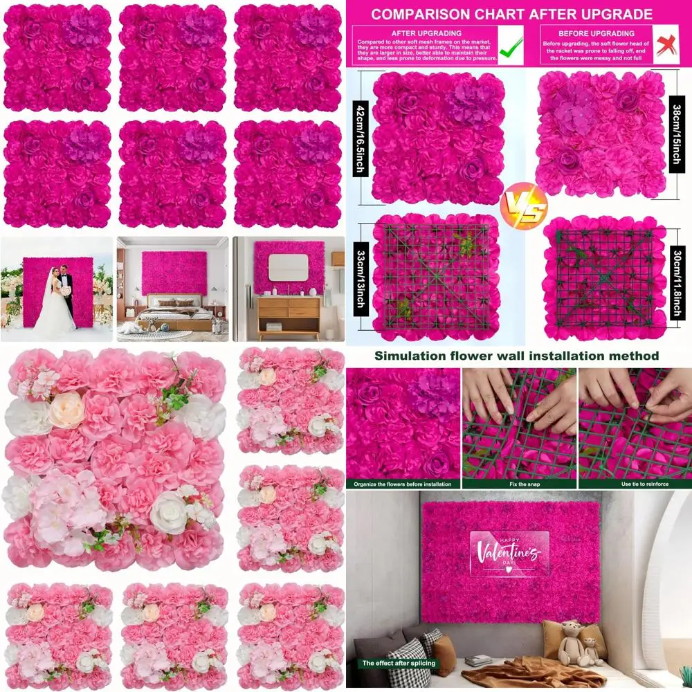 

6-Piece Artificial Flower Wall Panels, 16.5x16.5 Inch, Silky Rose Decor, Perfect for Wedding Celebrations