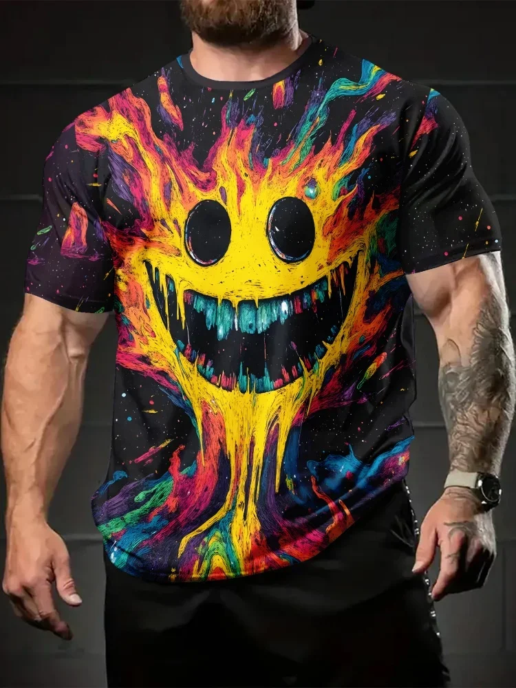 Fashion Cool Creepy Smile Graphic T Shirt for Men 3D Rainbow Fire Print T-shirt Horror Man Streetwear Summer Casual Tee Tops