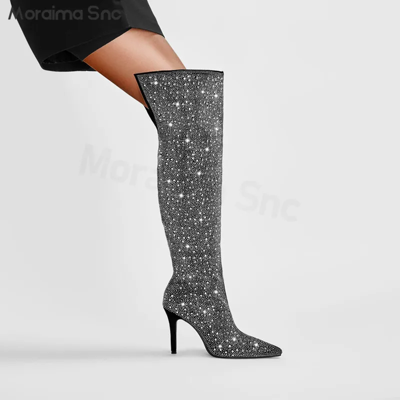 

Black Rhinestone Shiny Boots Autumn Large Size Pointed Toe Stiletto Sexy Boots Fashionable Over-The-Knee Boots Women's Boots