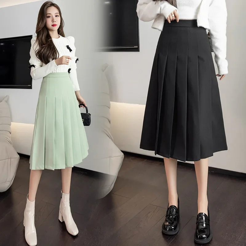 Mid -long Skirt Female Retro Khaki Black Autumn and Winter New Temperament Loose High Waist French A -line Pleated Skirt