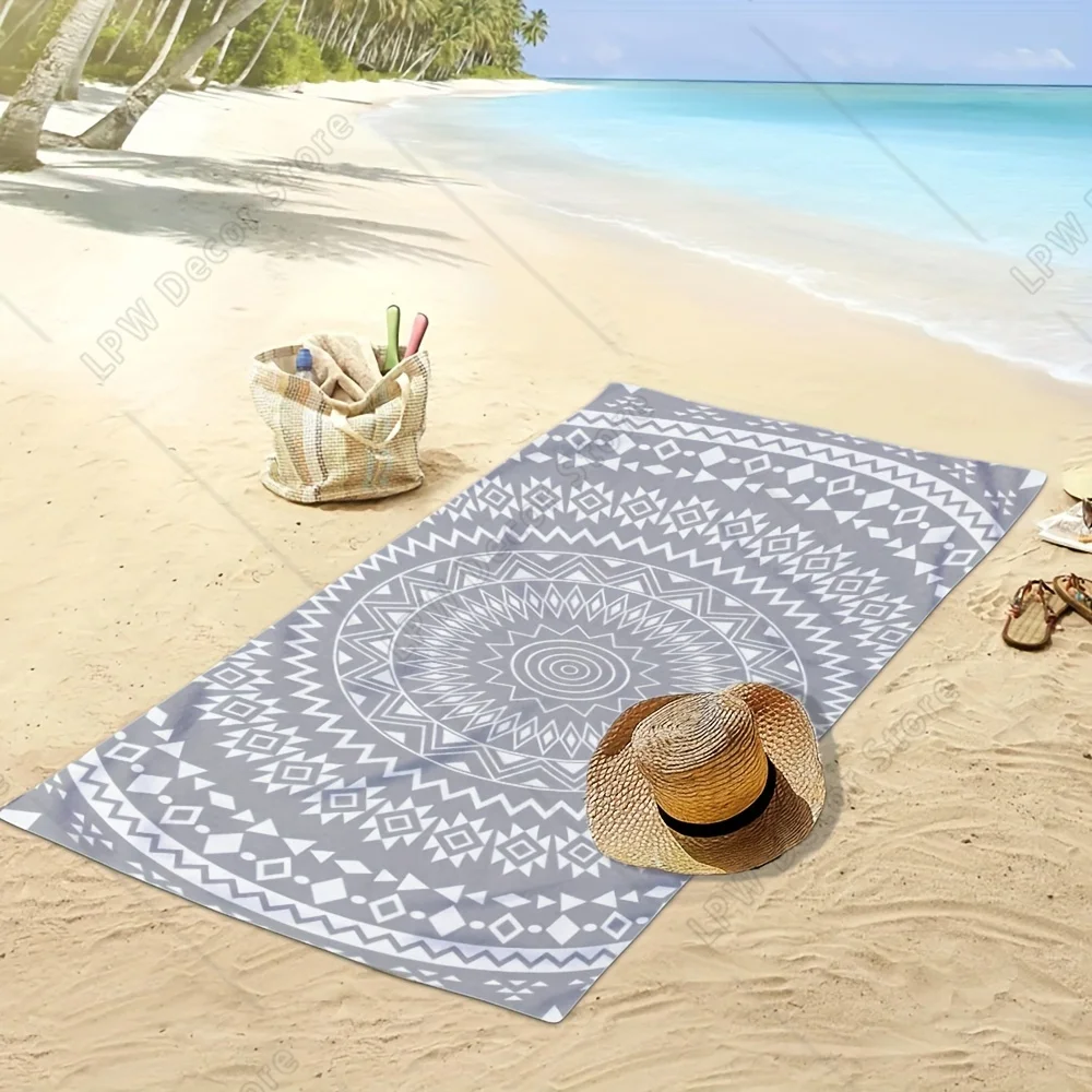 Gray Boho Mandala Quick Dry Print Beach Towel Summer Vacation Essential Poolside Accessory Perfect Gift for Beach Lovers