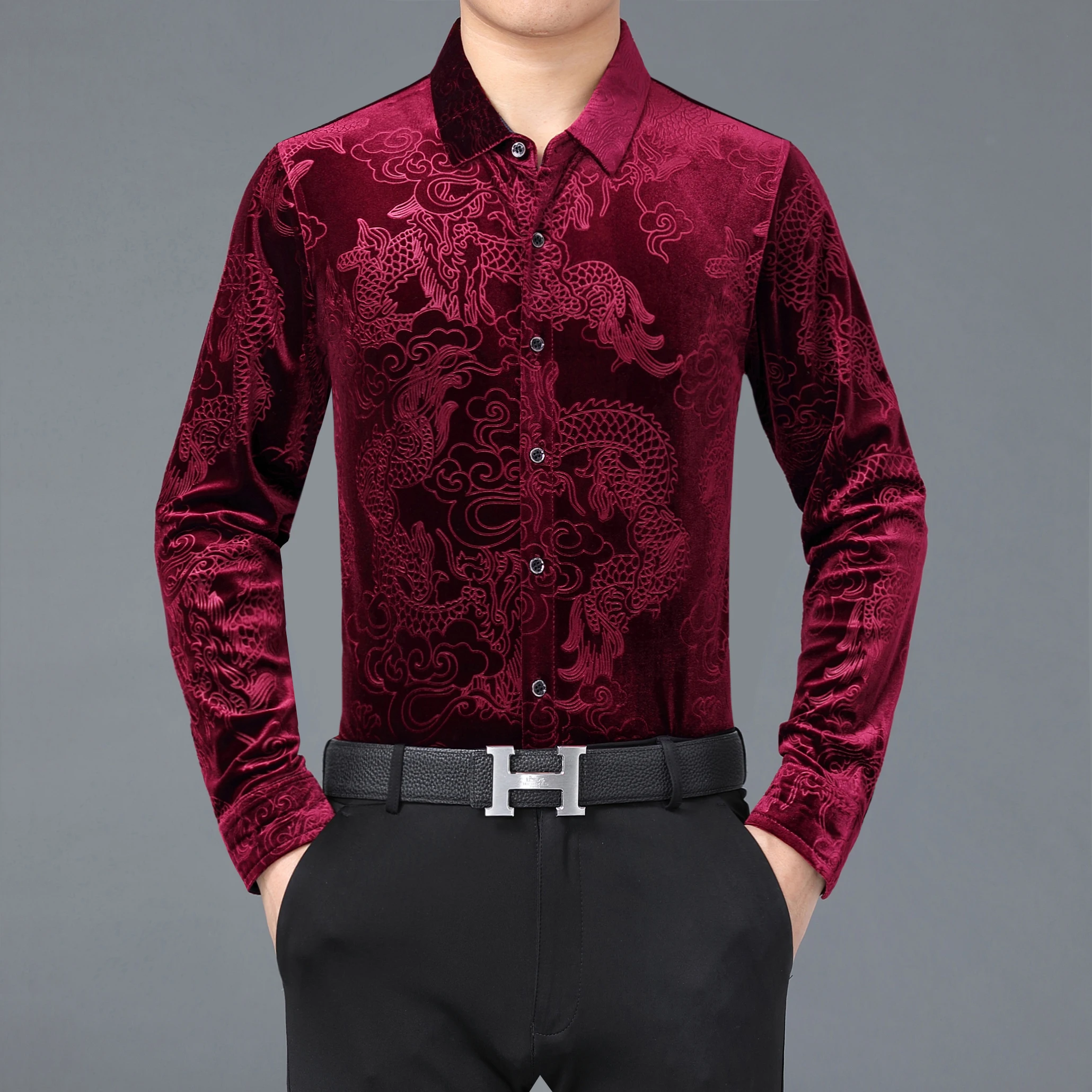 

Men's China Dragon Patterns Soft Velvet Shirts Autumn Long Sleeve Velour Clothing Male Turn Down Collar Gold Velvet Dress Shirts