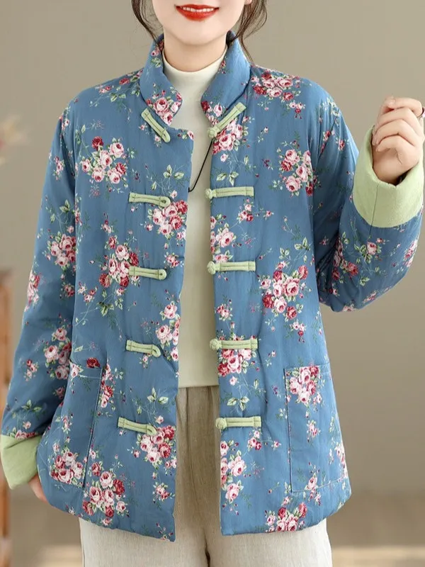 

New Chinese Sle Floral Cotton Jaet Women's Loose Stand Collar Button up Thi Warm Cotton Coat Outerwear for Autumn Winter