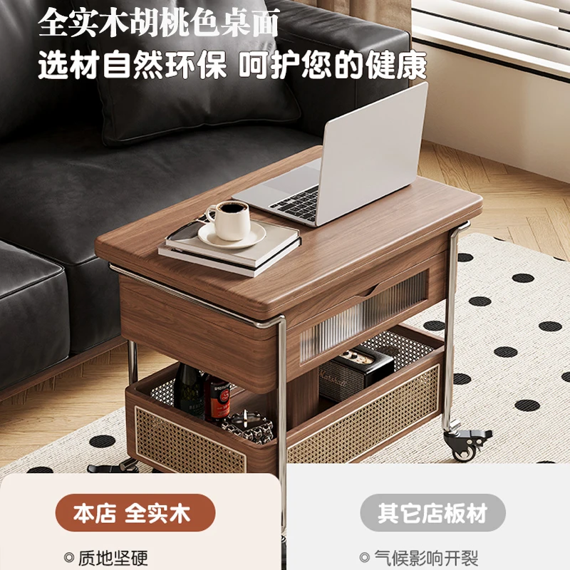 الكرمل نمط القرون الوسطى جميع الخشب الصلب الجوز مضفر الروطان المنقولة رفع طاولة القهوة طاولة جانبية شقة صغيرة عربة قابلة للطي