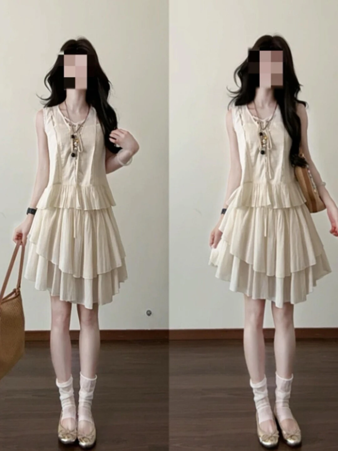 

Summer Gentle Sle V-Ne Top And f Skirt Two-Piece Set Women's Comfortable Faion Outfit Cotton Material Midi Skirt