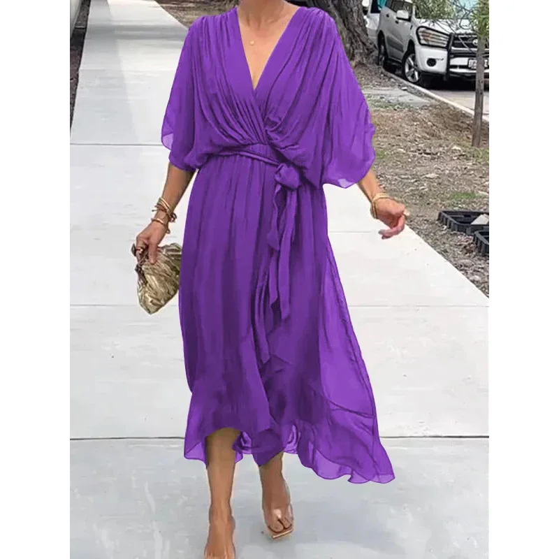 Women\'s Elegant Solid Chiffon Lace-up Bat Sleeve Long Dresses 2025 Spring Summer New Female Loose Casual Irregular V-neck Dress
