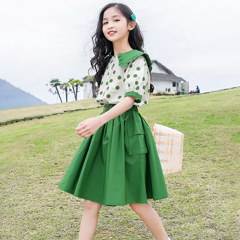 

Elegant Summer Dress For Girls Cute Y2K Green Pink Kids Dress Sets 2023 Korean Childhood Casual Holiday Party Midi Dresses New